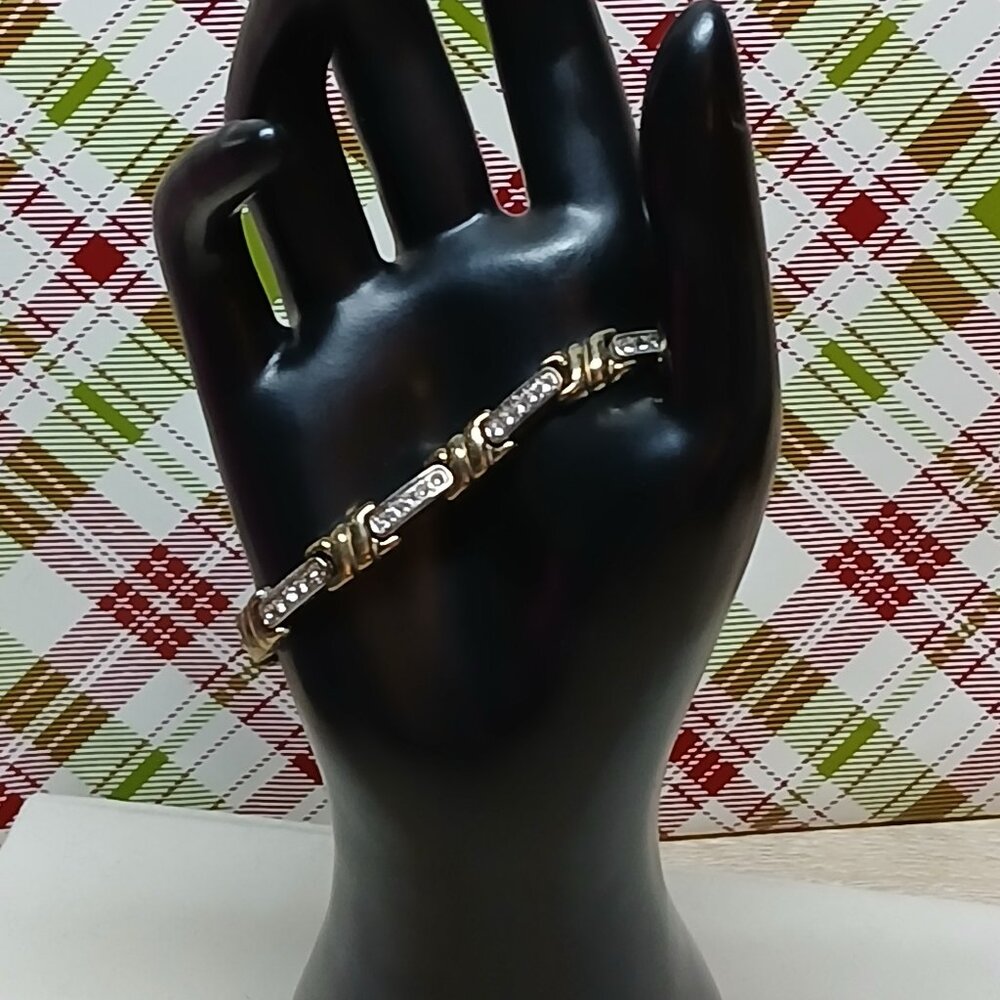 Vintage Silver & Gold Tone Bracelet with White Rhinestones Fashion Jewelry #43